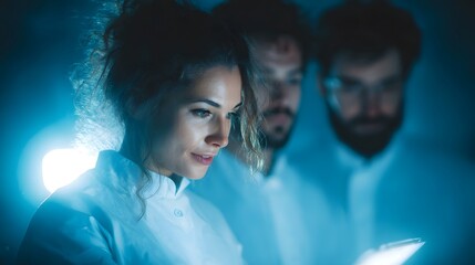 Three scientists in lab coats collaborate intently in a dimly lit blue lit laboratory environment