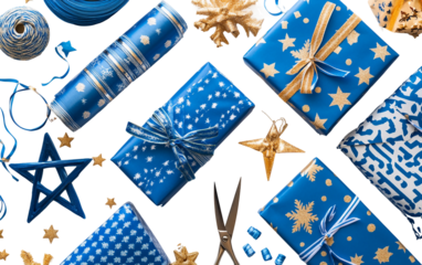 Hanukkah gift wrapping setup featuring themed paper, ribbons, and decorative items for festive presents isolated on transparent background PNG