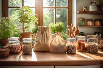 Realistic kitchen scene with zero-waste setup: reusable glass jars with legumes, cloth bags, compost bin, herbal plants on windowsill, wooden utensils, natural light streaming in, soft warm tones, eve