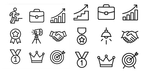 Business and success outline icons set – linear, line, achievement and growth symbols