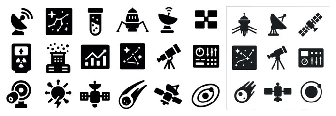 Space exploration filled icons set – solid, cosmic, astronomy and science symbols