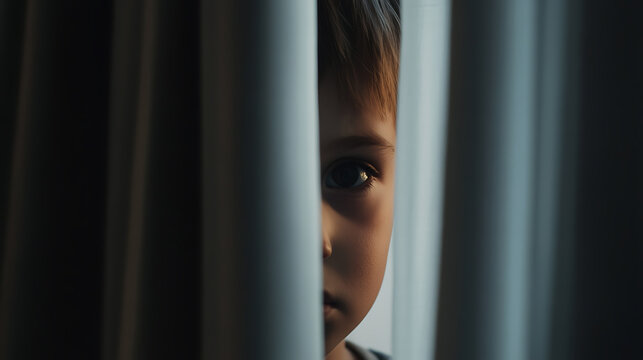 Child's eye peers through curtains, creating a sense of mystery and anticipation. The lighting adds to the atmosphere. - Powered by Adobe