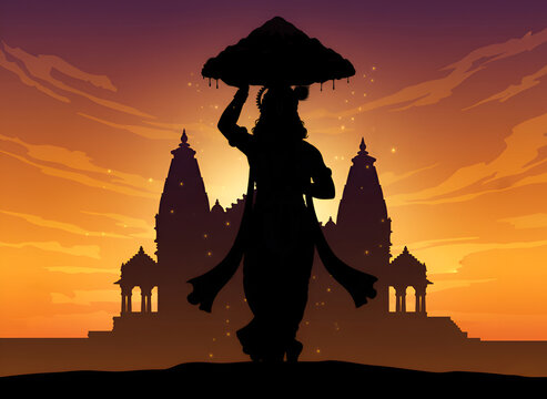 Silhouette of Hindu Lord Krishna holding up Mount Govardhan