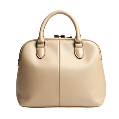 Neutral-toned, rounded handbag with handle. Symmetrical front view, on black background