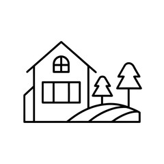 Outline of a house with trees and hillocks on transparent background