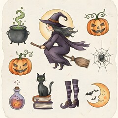Set of watercolor illustrations on Halloween. Witch's hat, boiling pot, potions, broom, black cat, tree silhouette, pumpkin, ghost