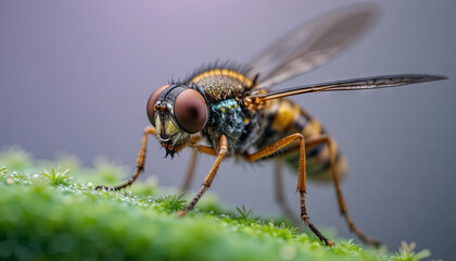 Fototapeta premium A colorful insect is seen resting on green leaves, highlighting fine details in its body and wings. Natural light enhances the textures and colors, showcasing its unique features