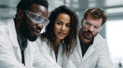 Three diverse scientists in lab coats and safety glasses collaborating in a modern laboratory
