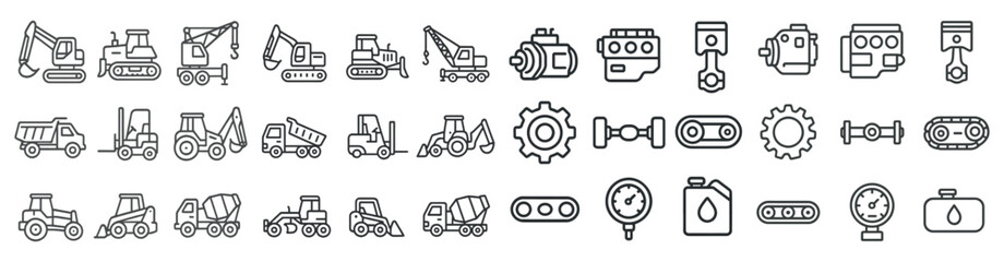 Naklejka premium Construction and machinery outline icons set – linear, line, building equipment visuals