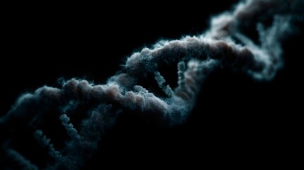 Abstract 3D rendering of a DNA double helix structure formed from smoky ethereal material against a dark background