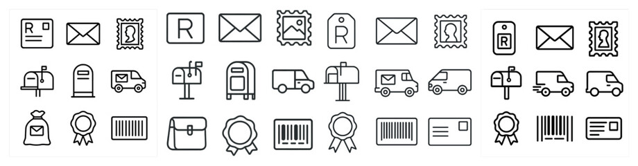 Postal and delivery line icons set – outline, mail, package shipping symbols