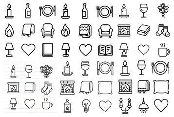 Fototapeta na wymiar Cozy home outline icons set – linear, silhouette, warmth and comfort symbols Fototapeta na wymiar Cozy home outline icons set – linear, silhouette, warmth and comfort symbols