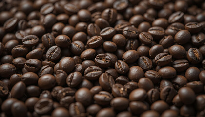 Fototapeta premium Close-up view of roasted coffee beans on a wooden surface, showcasing their dark color and glossy texture. The perfect setting to appreciate their freshness and aroma