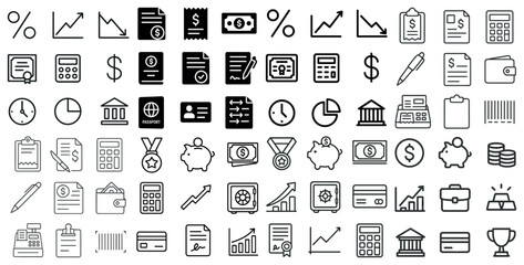 Finance and business outline icons set – linear, money, economy visuals