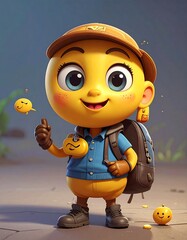 Smiling cartoon figure with backpack and a tiny friend, giving thumbs up