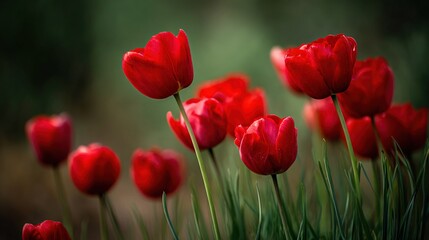 Obraz premium A field of green grass with a group of red tulips and a blurred background of trees