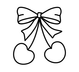 Two cherries tied with a large bow, hand drawn, vector, black and white, clean bold outline, smooth texture. Great for valentine cards, stickers, fashion patches, logo marks, packaging, 