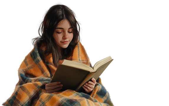 Girl carefully turning the pages of a book while enveloped in a cozy flannel blanket, fully immersed in her reading isolated on transparent background PNG
