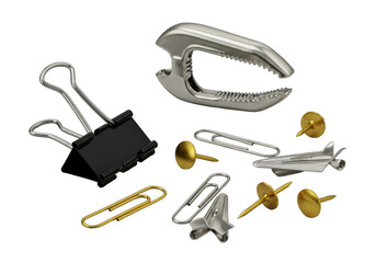 Ultra-detailed macro of open matte black binder clip, silver clamp, varied paper clips, golden thumbtacks on transparent. Dramatic low-angle studio light, concept of industrial precision.