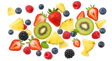 Assorted Fresh Fruits Scattered on Black Background