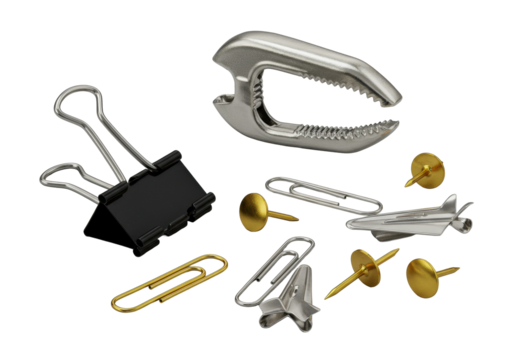 Ultra-detailed macro of open matte black binder clip, silver clamp, varied paper clips, golden thumbtacks on transparent. Dramatic low-angle studio light, concept of industrial precision. - Powered by Adobe