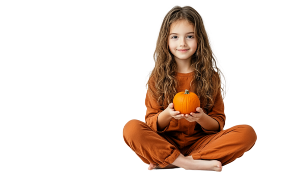 Young woman with serene expression holding a small pumpkin while sitting in a calm and relaxed cross-legged posture isolated on transparent background PNG