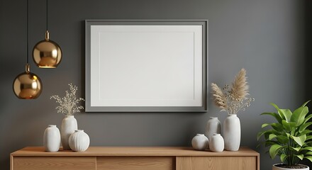 Modern living room interior with a gray frame mockup on the gray wall background
