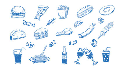 A hand-drawn collection of classic fast food favorites. Line art illustrations of pizza, burger, fries, taco, chicken, donut, and soda in fun doodle style