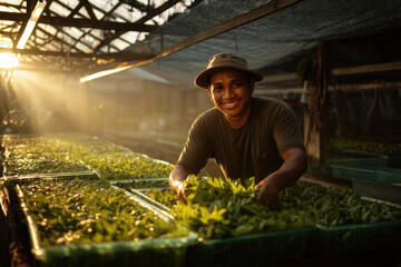 Smiling Farmer Harvesting Cucumbers in Sunlit Greenhouse