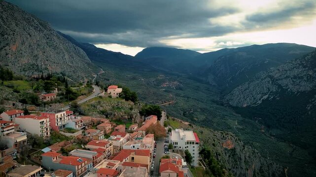 Delphi, Greece. A view of the city of Delphi at dawn.