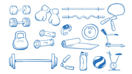 hand drawn set of gym fitness doodles vector illustration isolated in white color, line arts