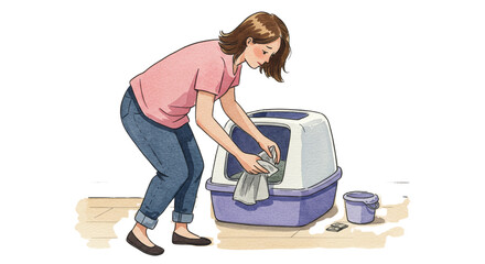 Woman cleaning cat litter box at home