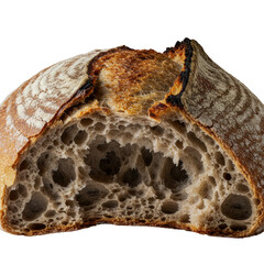 Rustic artisan sourdough bread, dynamically torn open to show moist interior & irregular crumb, distressed crust, flour-dusted, isolated on transparent background with chiaroscuro lighting, concept of