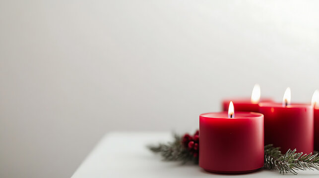 Red candles arranged with holiday decor create a warm glow against a simple backdrop, perfect for seasonal ambiance and festive celebrations.