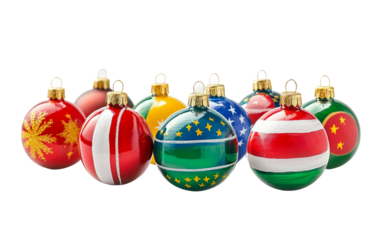 Collection of Christmas ornaments from around the world showcasing diverse designs, colors, and intricate festive details isolated on transparent background PNG