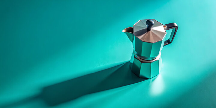 A classic stovetop coffee maker rests on a vibrant turquoise surface, casting a long shadow. The setting highlights the elegance and simplicity of brewing coffee at home