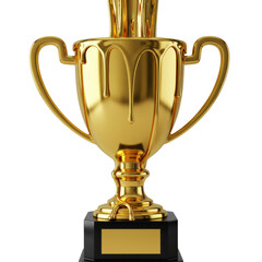 Gleaming golden trophy cup with ornate stem, molten gold overflowing and cascading down its reflective surface, isolated on a transparent background. Concept of opulent success