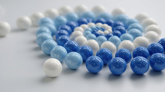 A spiral arrangement of blue and white marbles on a white background, with a single white marble in the foreground.
