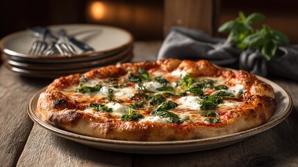   A close-up shot of a pizza on a plate, set on a table against a backdrop of plates and utensils