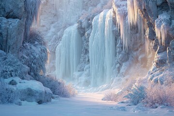 Naklejka premium Photorealistic Frozen Woodland Waterfall with Icicles at Sunrise