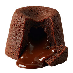 Decadent chocolate lava cake, molten glossy core oozing, crisp crust, velvety dark interior, ultra-sharp macro close-up on transparent background, concept of sweet indulgence