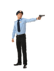 Obraz premium Young policeman in uniform with gun on white background