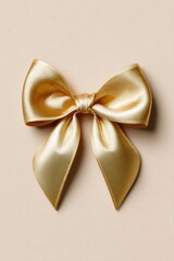 Photorealistic Matte Gold Ribbon Bow on Pastel Cream Background