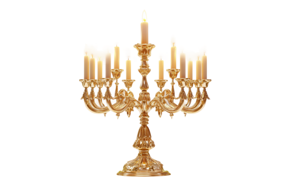 Festive menorah adorned with nine lit candles, showcasing traditional celebration and radiant illumination isolated on transparent background PNG