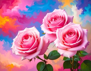 Three blossoming pink roses against a vibrant, abstract backdrop