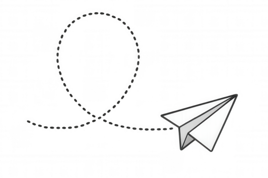 Paper airplane flying in loop with dotted line, sending message, freedom and travel concept