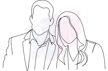 Continous line drawing a couple with abstract watercolor wash single line people