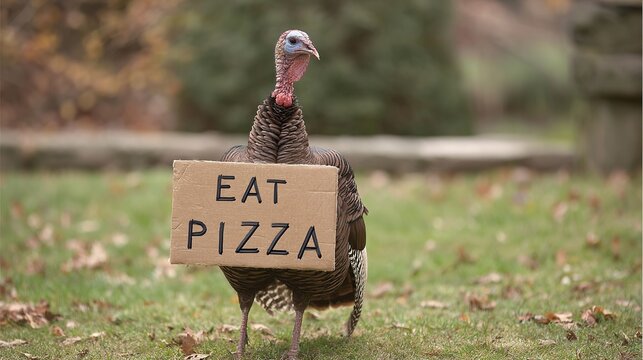 Hilarious turkey promoting pizza over Thanksgiving dinner with a sign in a grassy yard, a funny and quirky alternative holiday concept