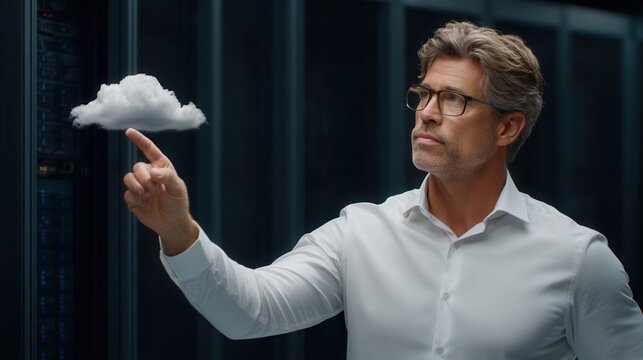 Business Professional Interacting With Cloud Technology in a Data Center Setting