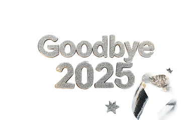 Silver foil banner reading Goodbye 2025 with flowing ribbon accents, radiating elegant and festive celebratory vibes isolated on transparent background PNG
